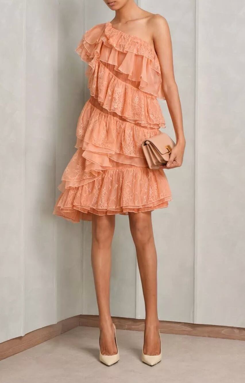Ulla Johnson Leonie Coral Asymmetrical Lace Tiered One Shoulder Mini Dress Sz 4